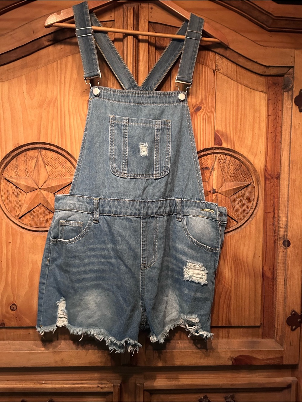 Denim Distressed Short Overalls - Light Blue